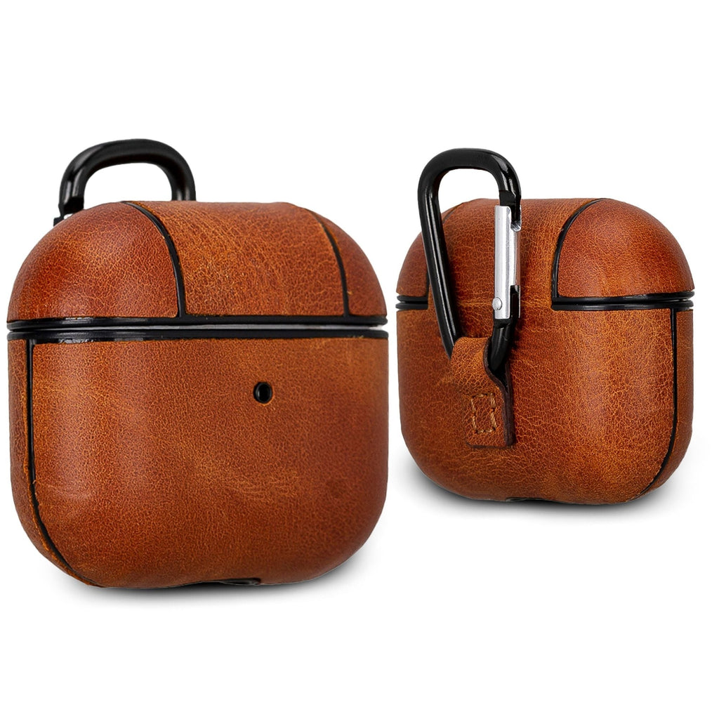 Gillette genuine leather case for AirPods 3 in brown, showing charging port access — view 2