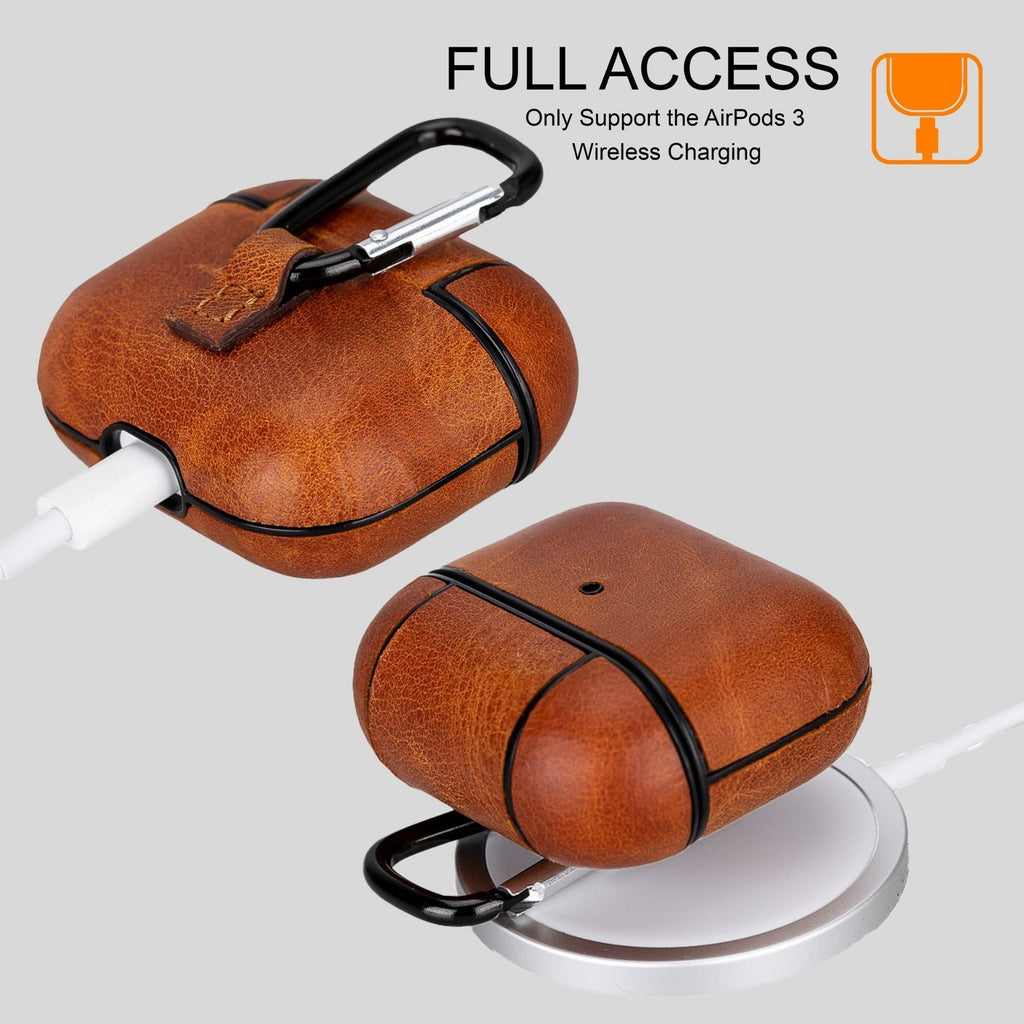 Gillette genuine leather case for AirPods 3 in brown, showing charging port access — view 3
