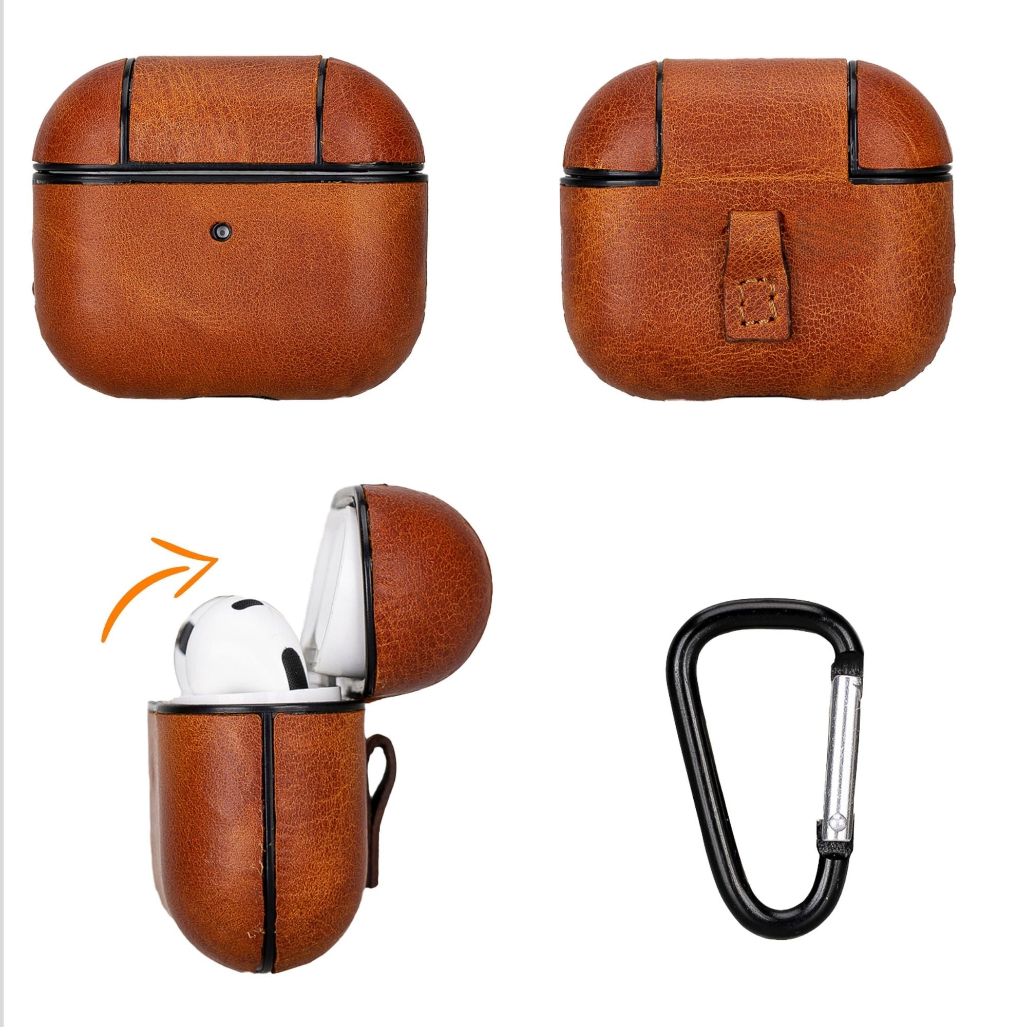 Gillette genuine leather case for AirPods 3 in brown, showing charging port access — view 5