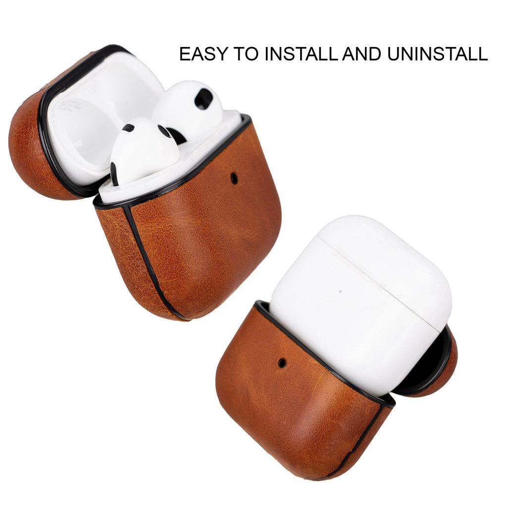 Gillette genuine leather case for AirPods 3 in brown, showing charging port access — view 4