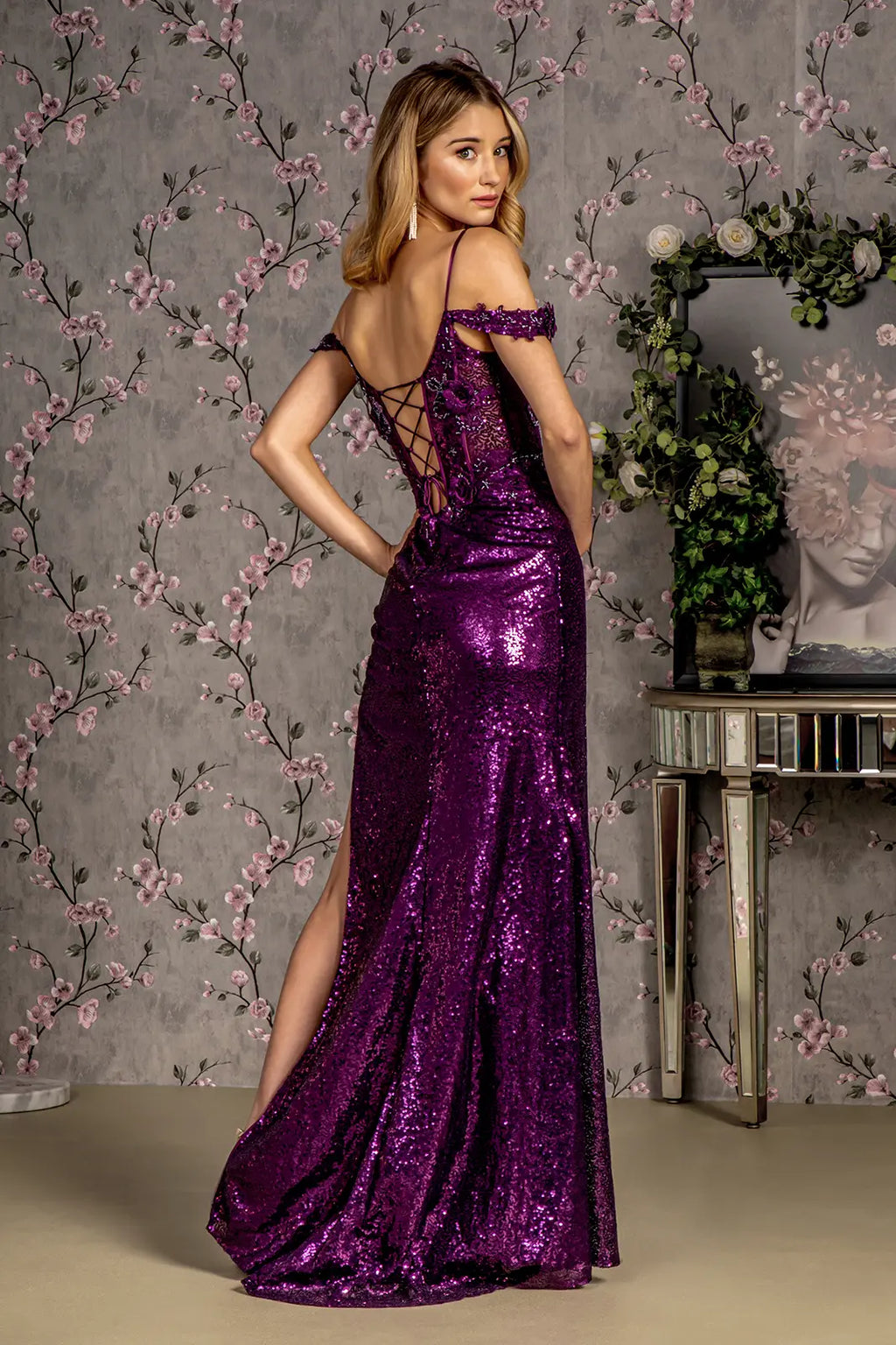 3 d flower sequin sheer corset bodice mesh mermaid long dress GLGL3436-1