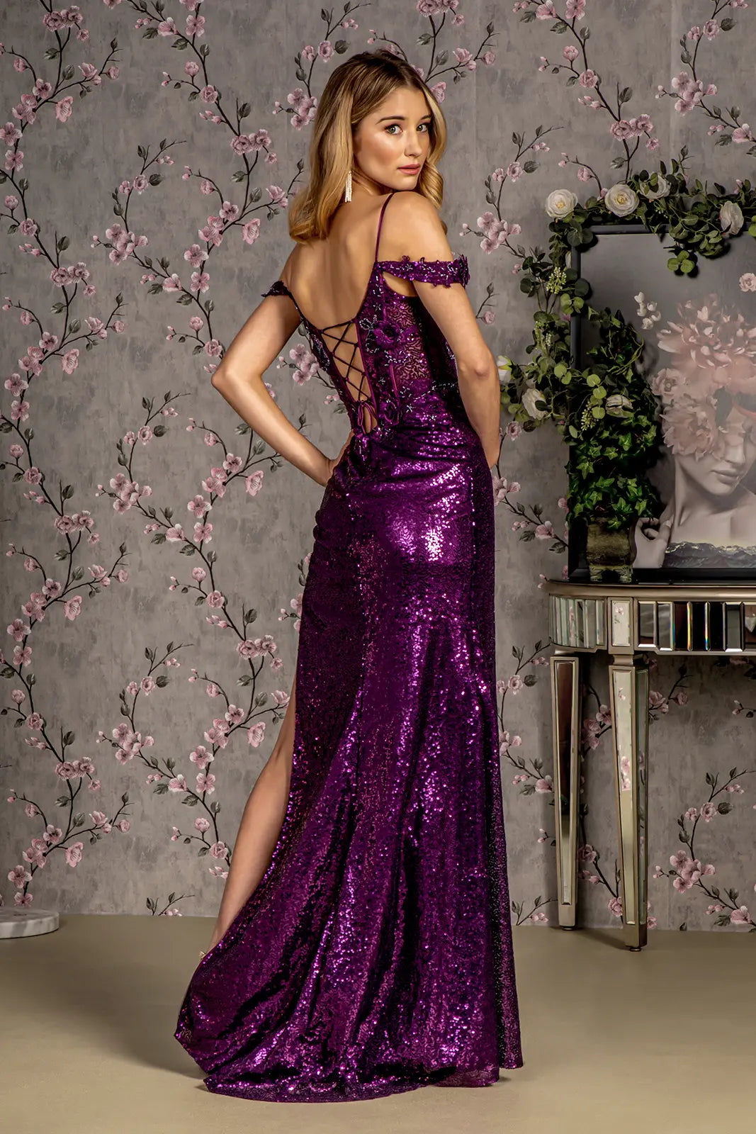 3 d flower sequin sheer corset bodice mesh mermaid long dress GLGL3436-1