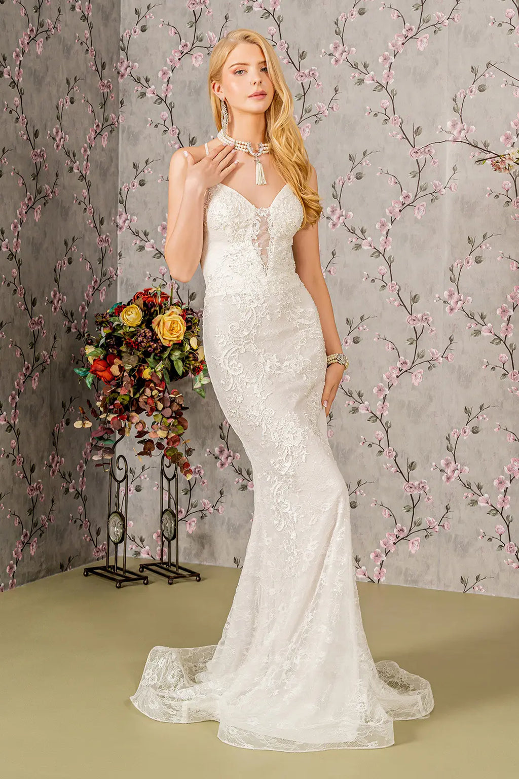 Floral embroidery illusion sweetheart lace mermaid wedding gown GLGL3442-0