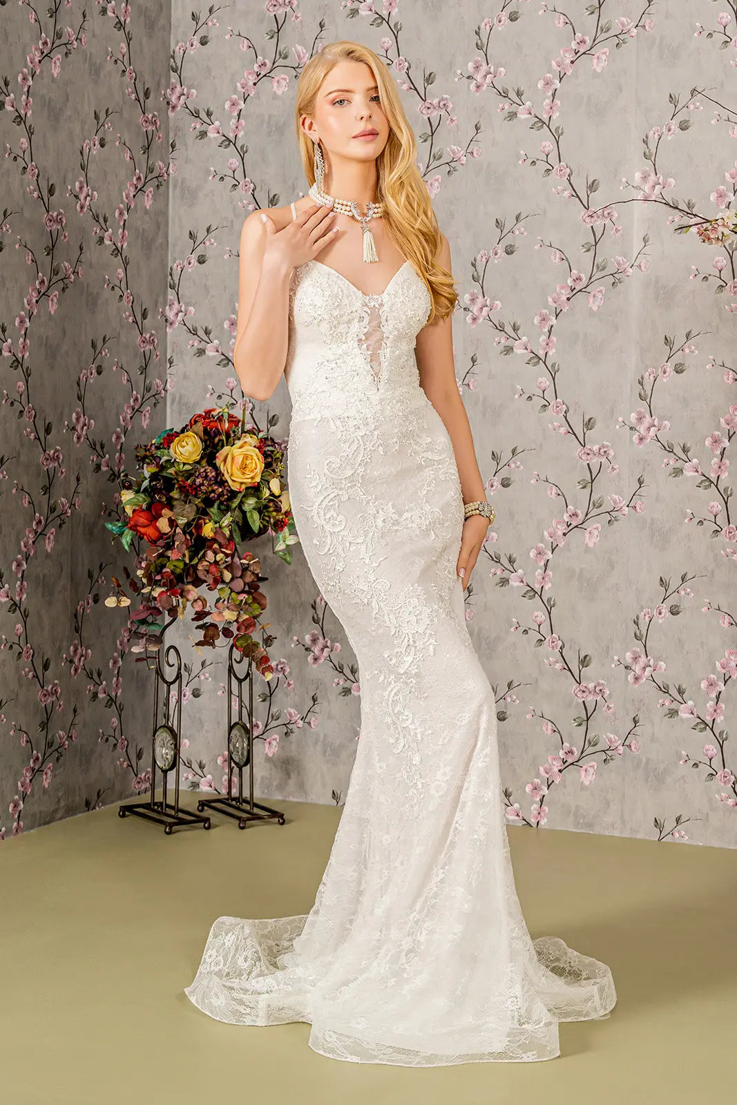 Floral embroidery illusion sweetheart lace mermaid wedding gown GLGL3442-0