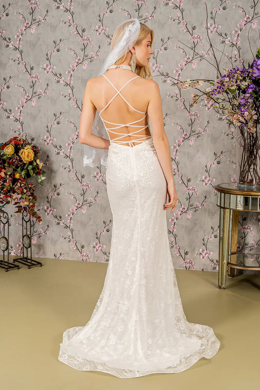 Floral embroidery illusion sweetheart lace mermaid wedding gown GLGL3442-1