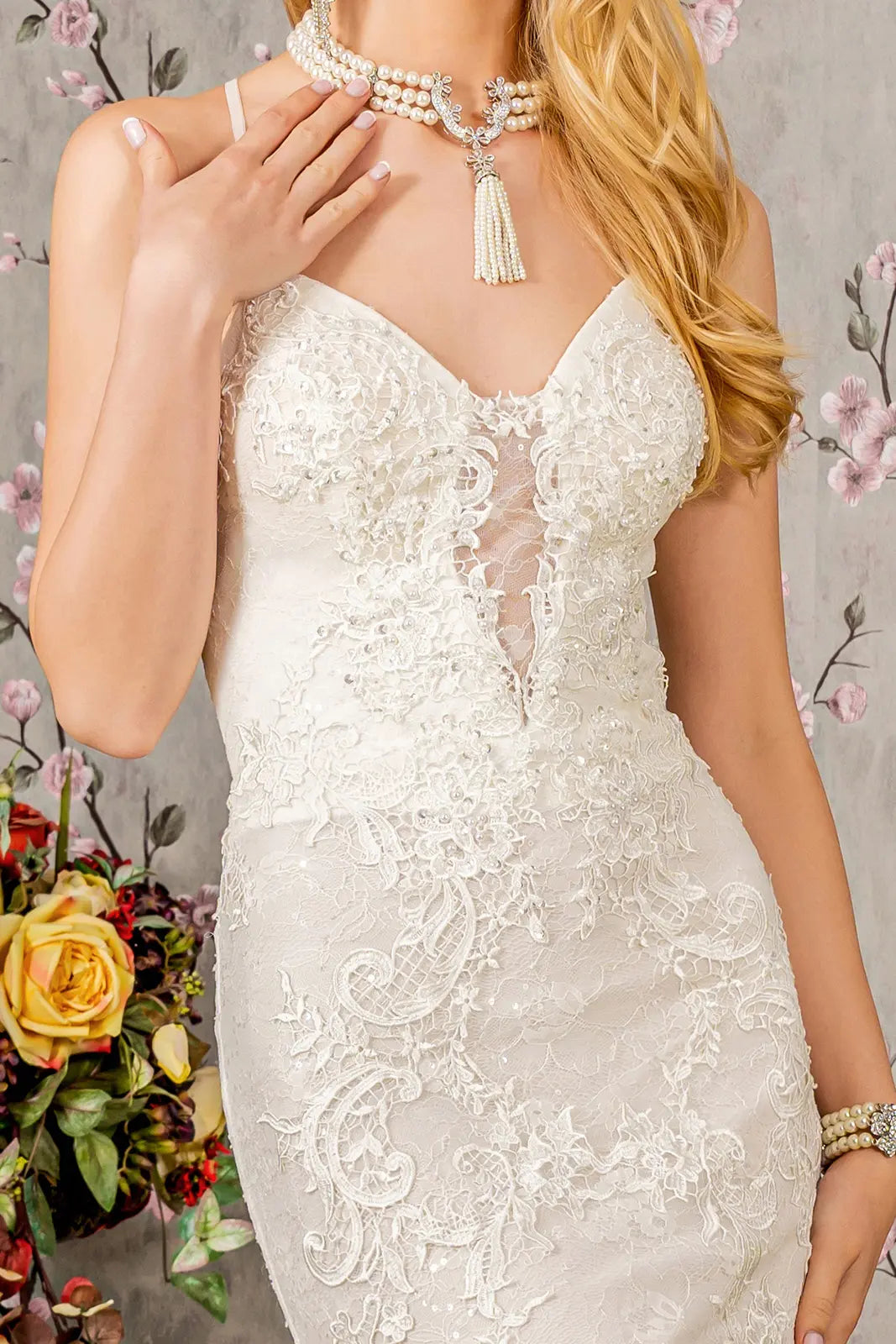 Floral embroidery illusion sweetheart lace mermaid wedding gown GLGL3442-2