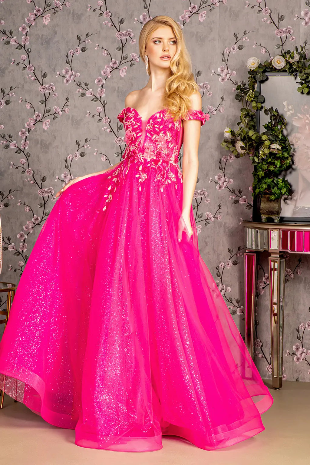 3 d flower emboridery sheer bodice mesh a line long dress GLGL3443-4