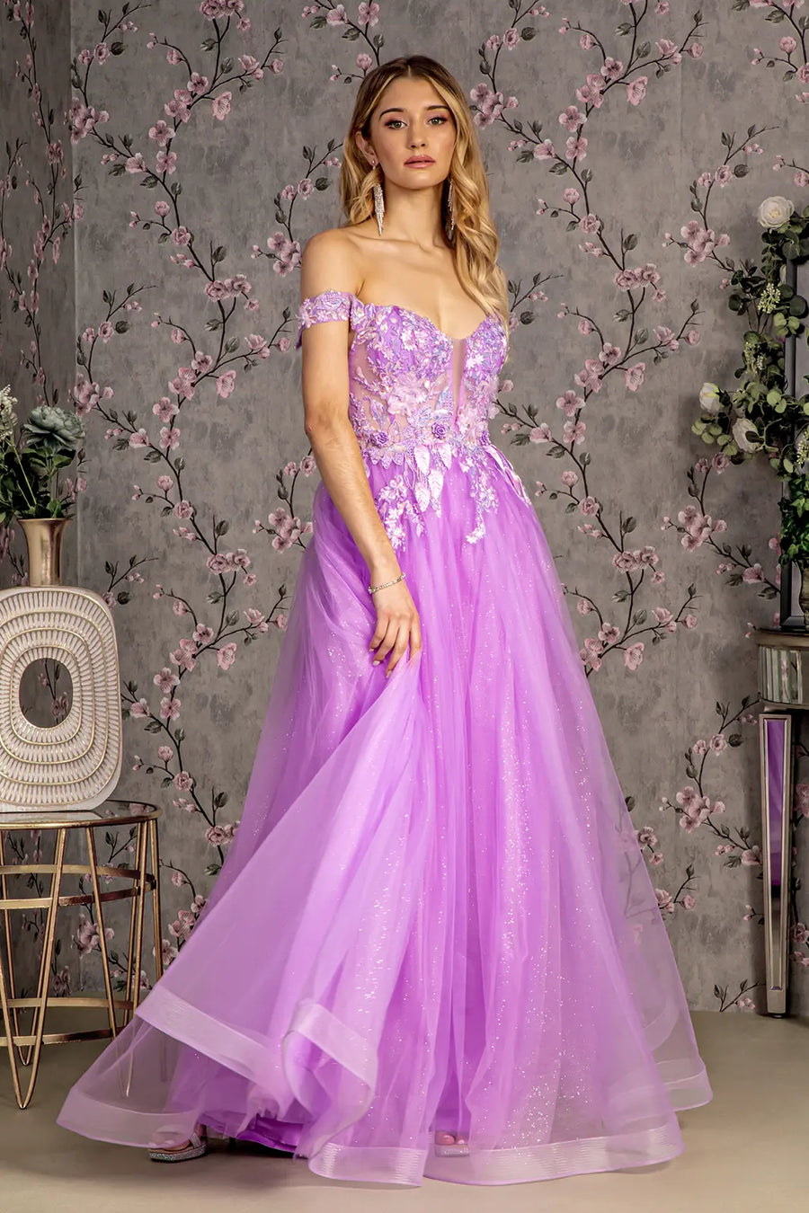 3 d flower emboridery sheer bodice mesh a line long dress GLGL3443