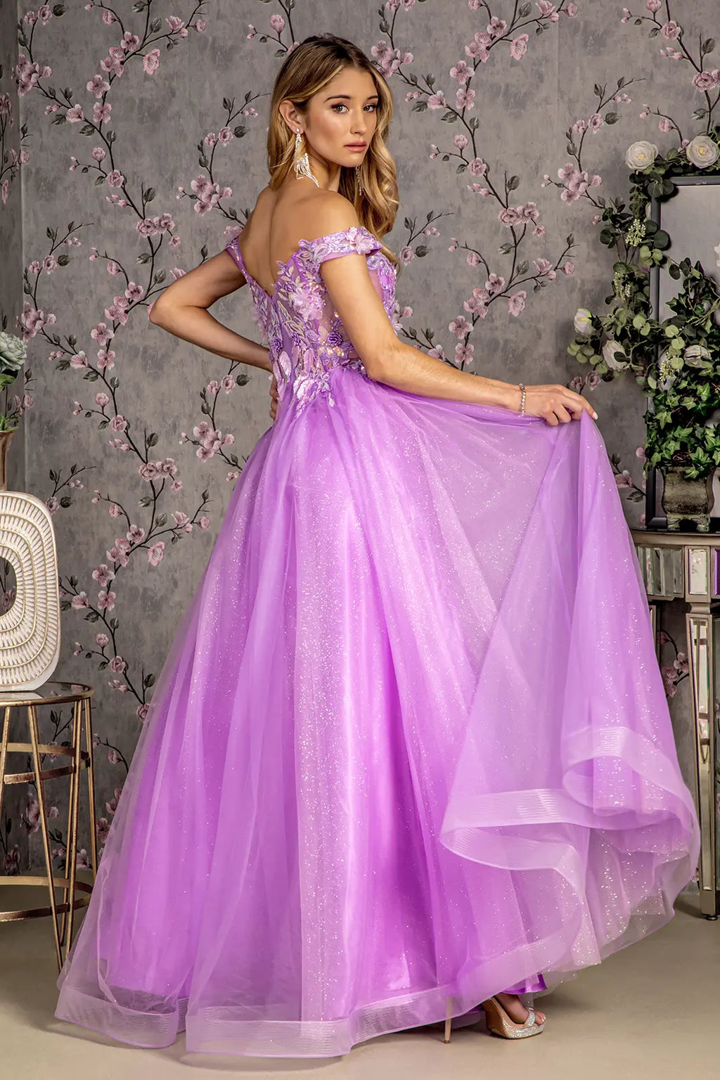 3 d flower emboridery sheer bodice mesh a line long dress GLGL3443-1
