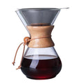 Clear borosilicate glass filter-free manual pour-over drip coffee maker and funnel for home brewing.