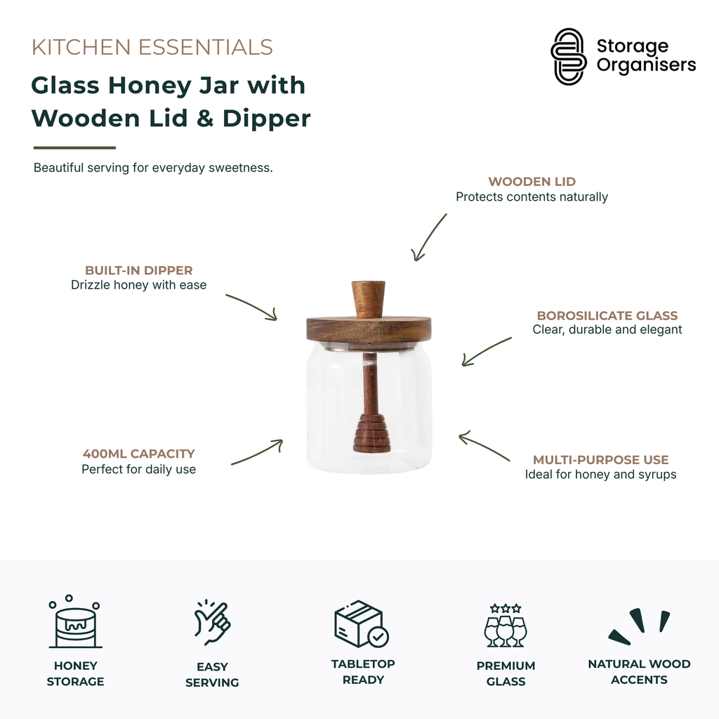 Clear high borosilicate glass honey jar with a natural wooden lid and built in dipper — view 4