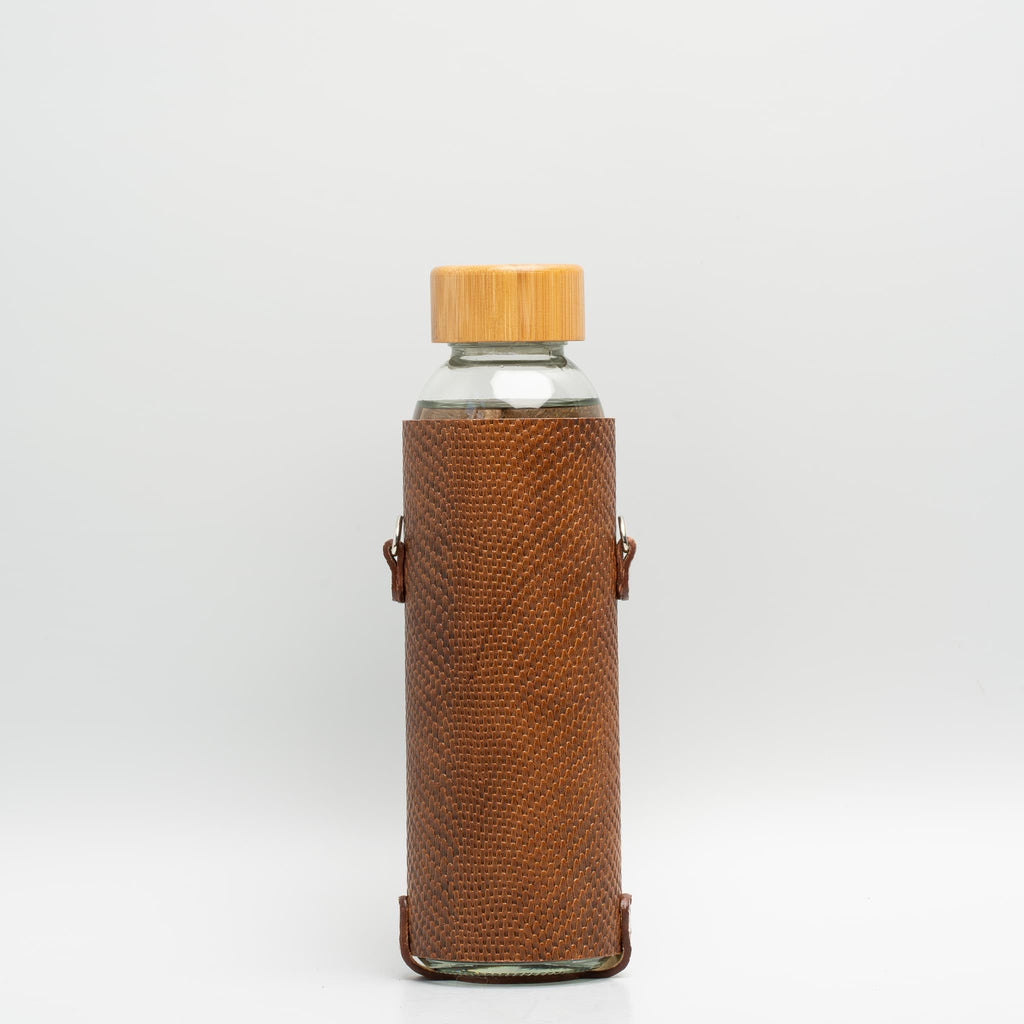 Leather water bottle holder with strap and glass bottle-3