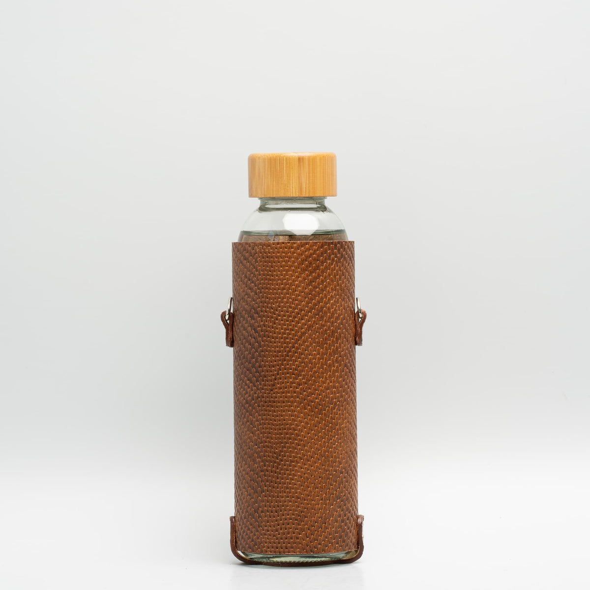 Leather water bottle holder with strap and glass bottle-3