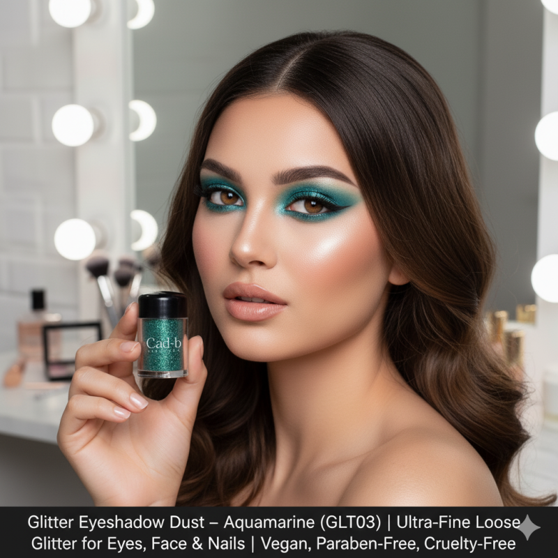 Aquamarine blue ultra-fine loose glitter eyeshadow dust in a small clear makeup jar