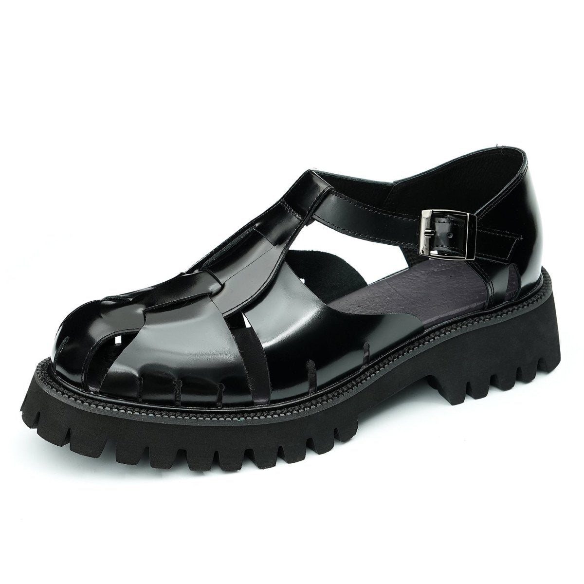 Men's glossy calfskin leather Roman sandals with a breathable cage design and a cushioned traction outsole. — view 3