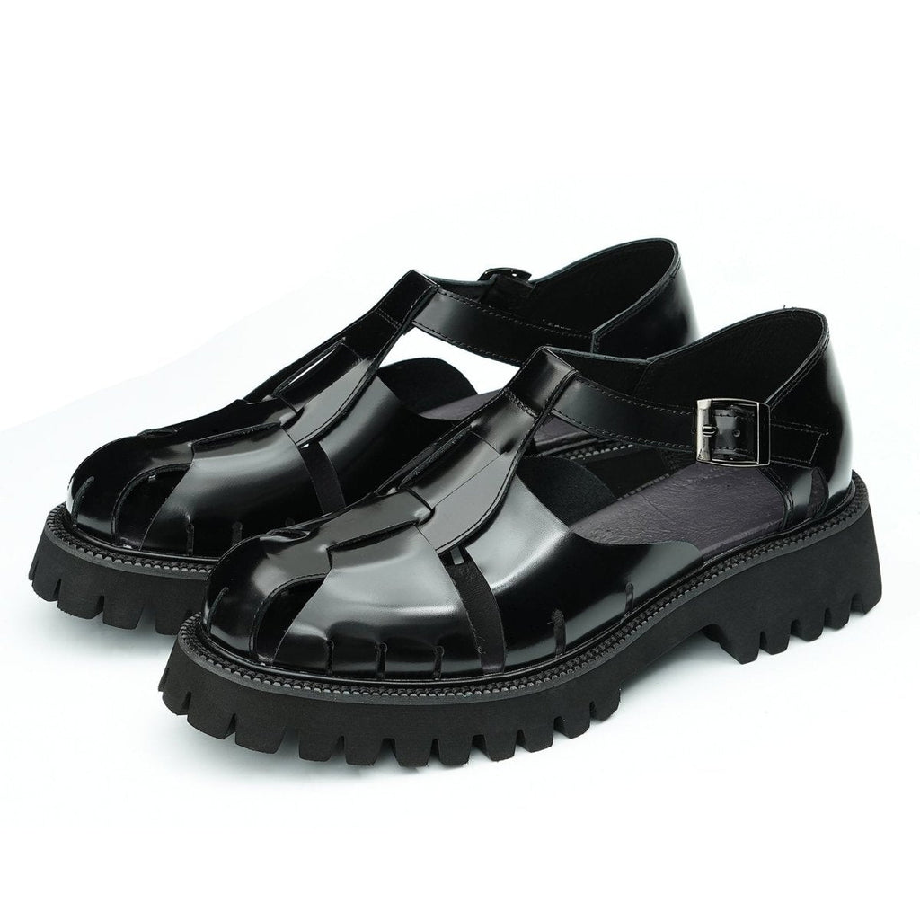 Men's glossy calfskin leather Roman sandals with a breathable cage design and a cushioned traction outsole. — view 4