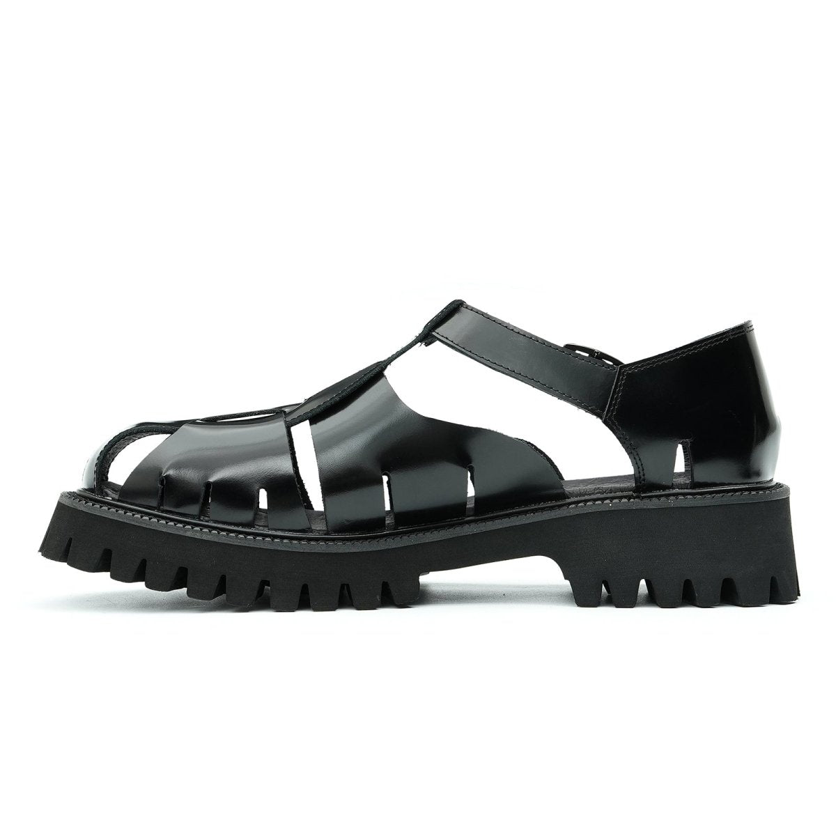 Men's glossy calfskin leather Roman sandals with a breathable cage design and a cushioned traction outsole.