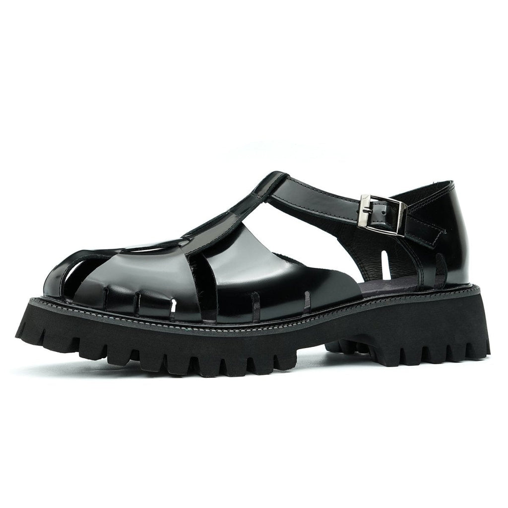 Men's glossy calfskin leather Roman sandals with a breathable cage design and a cushioned traction outsole. — view 2