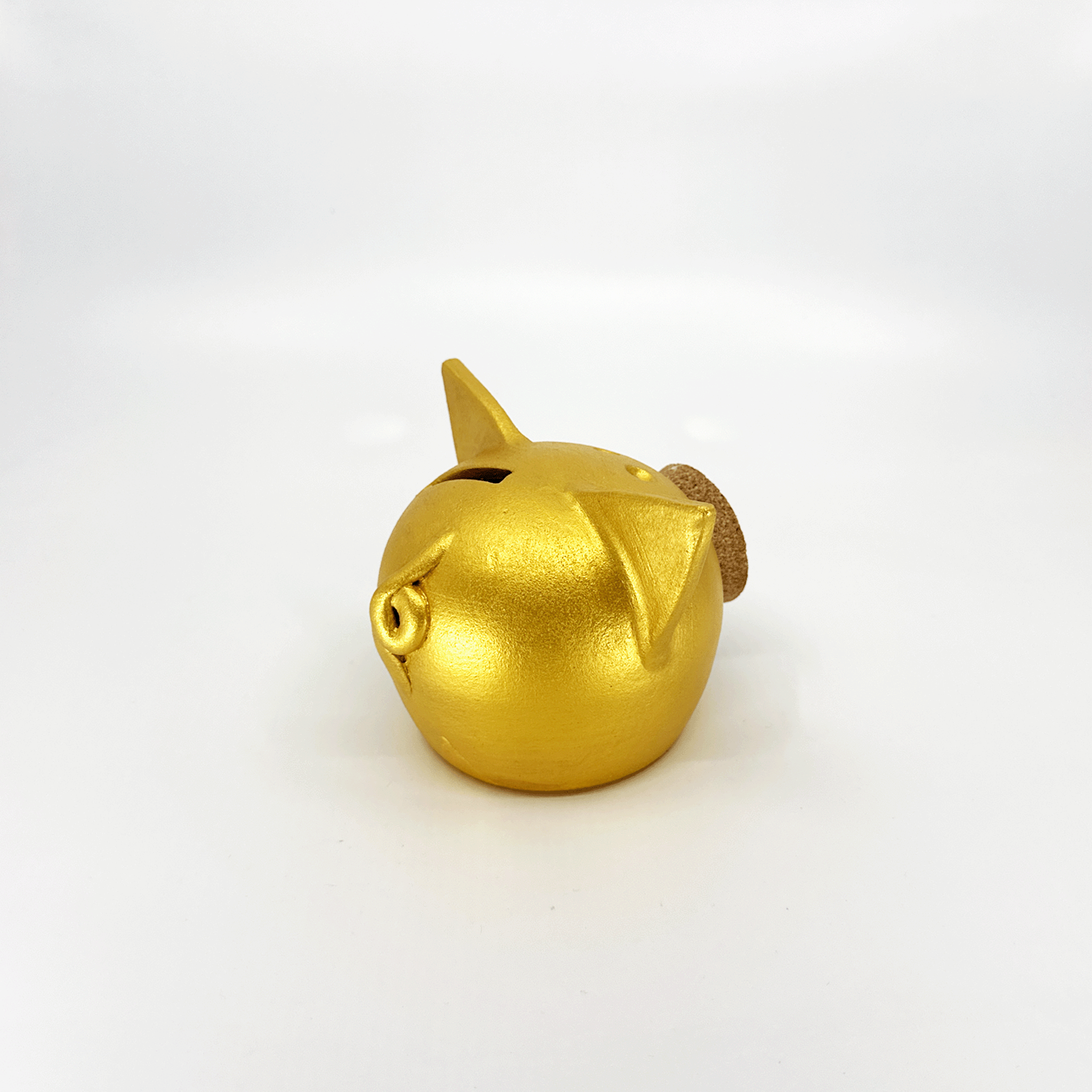Handmade ceramic piggy bank in a metallic autumn hue with a natural cork snout — view 5