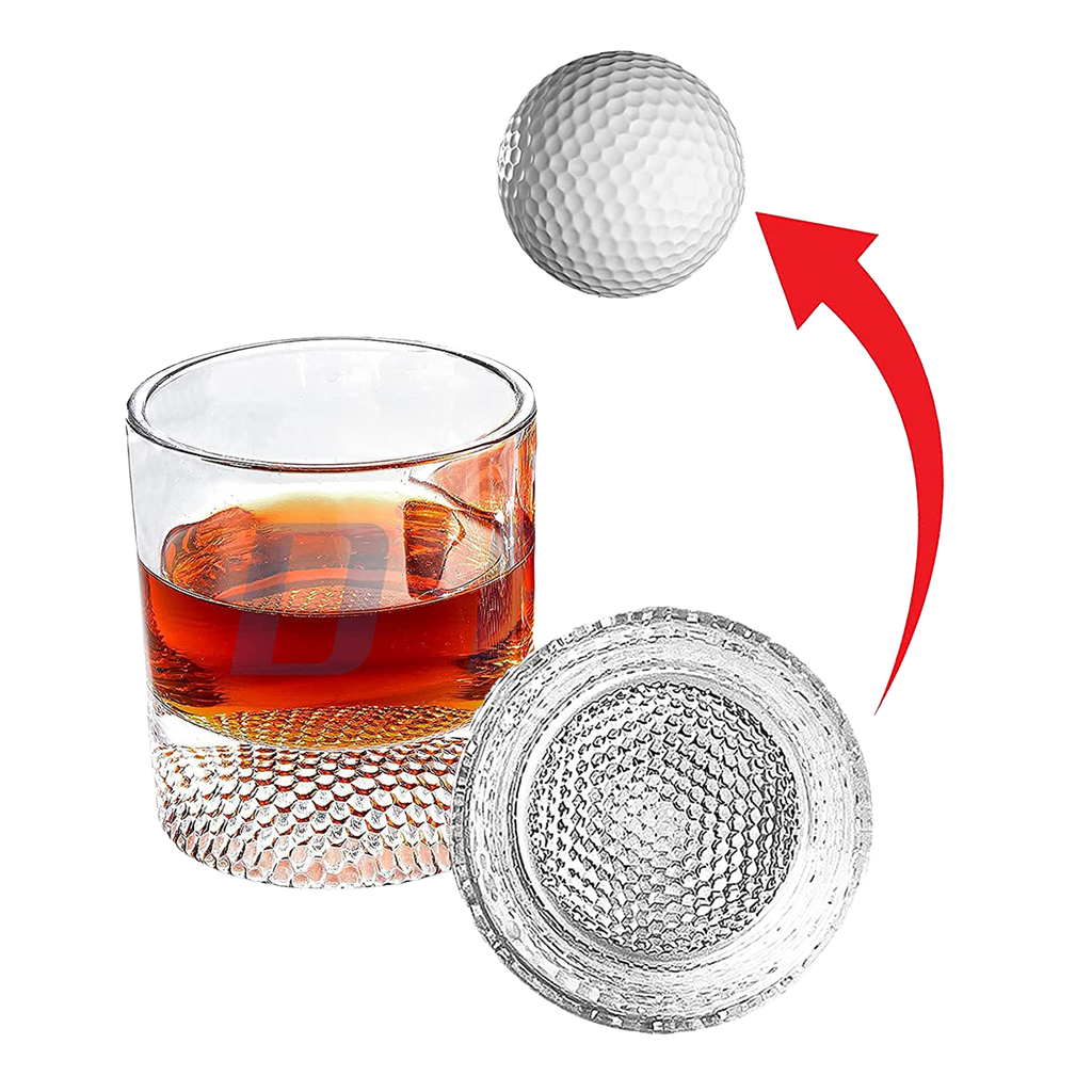 Golf ball whiskey glasses set of two clear tumblers with textured base design.