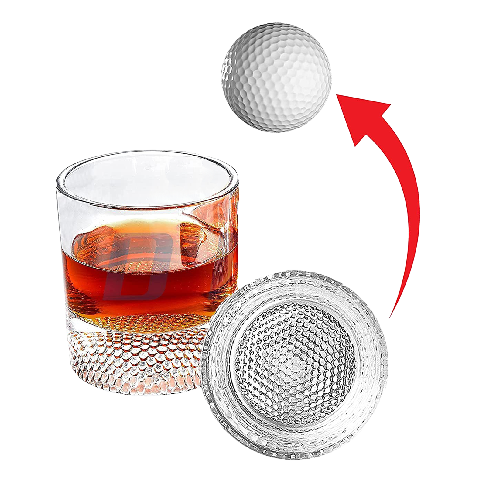 Golf ball whiskey glasses set of two clear tumblers with textured base design.