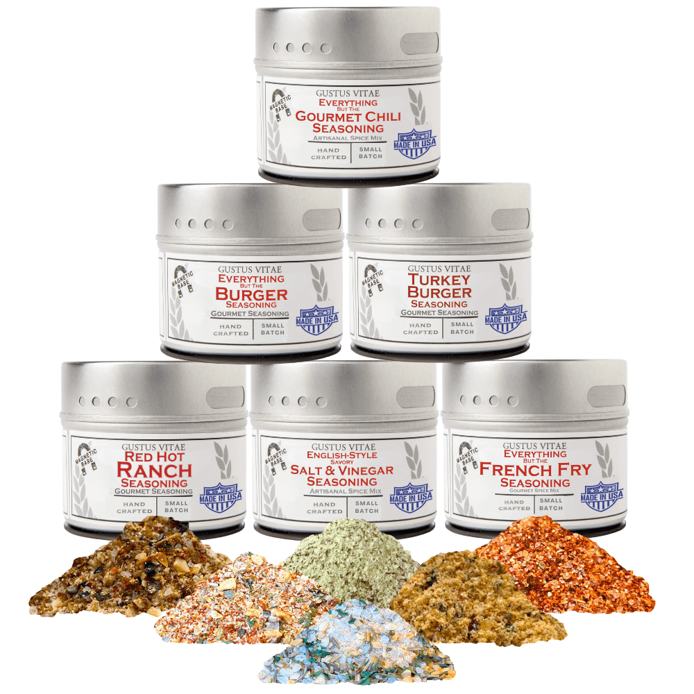 Gourmet BBQ seasoning set six pack magnetic spice tins for burgers and fries grilling essentials