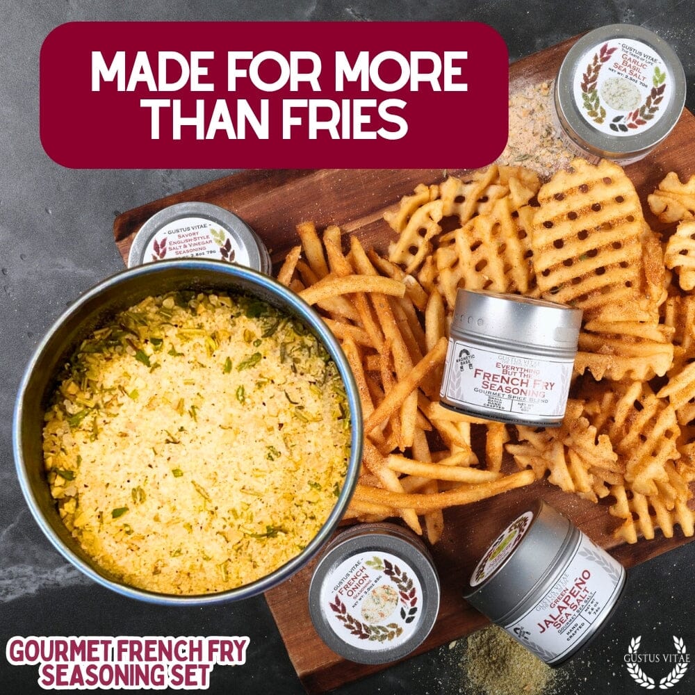 Six pack of gourmet french fry seasoning blends in magnetic tins for cooking and snacking — view 4