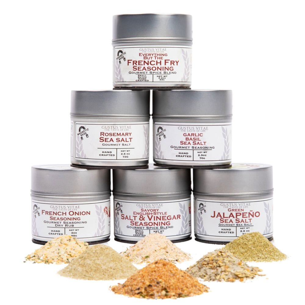 Six pack of gourmet french fry seasoning blends in magnetic tins for cooking and snacking