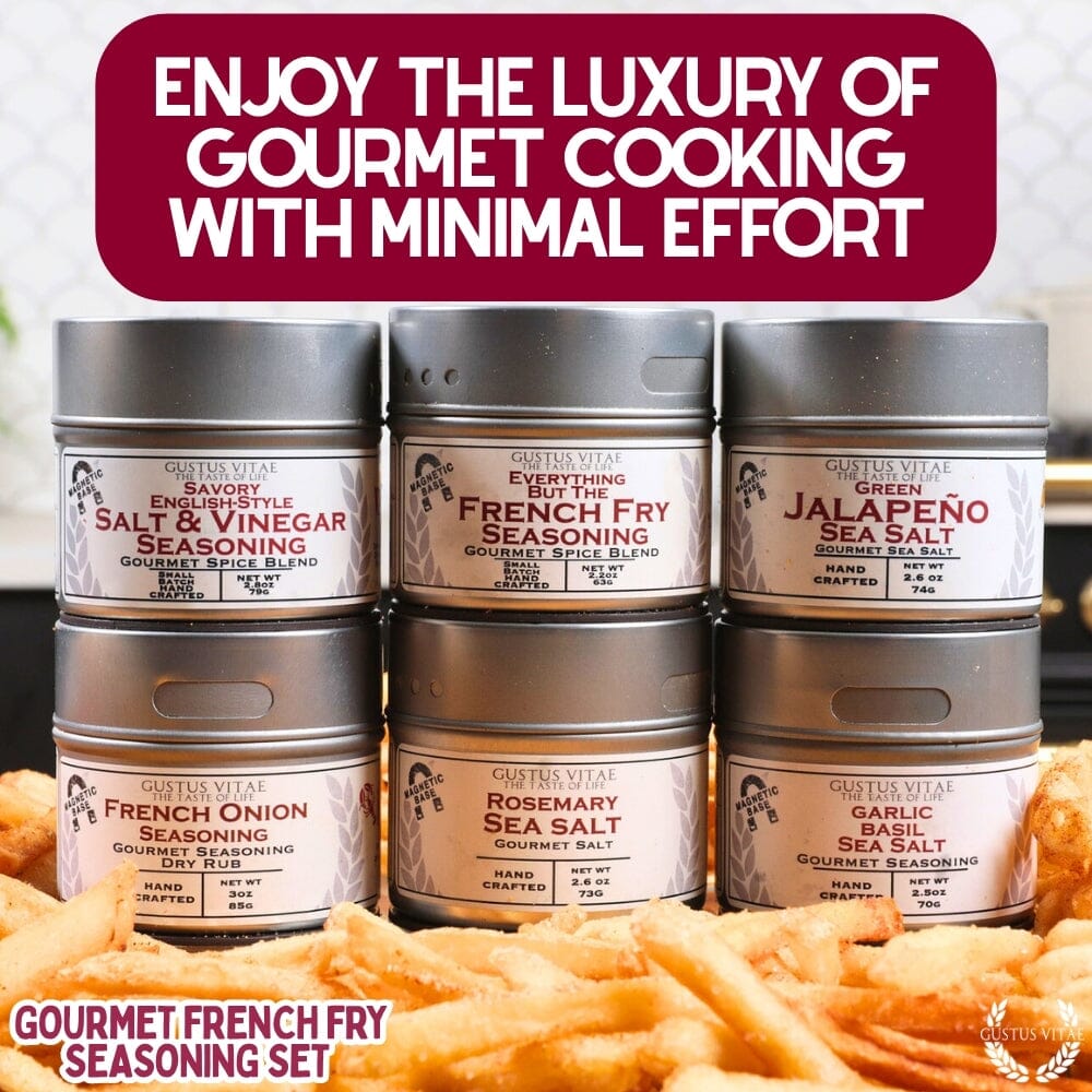 Six pack of gourmet french fry seasoning blends in magnetic tins for cooking and snacking — view 3