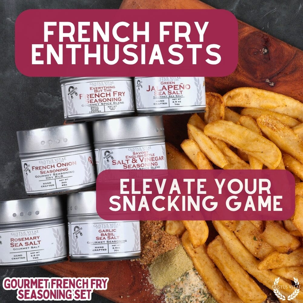 Six pack of gourmet french fry seasoning blends in magnetic tins for cooking and snacking — view 2