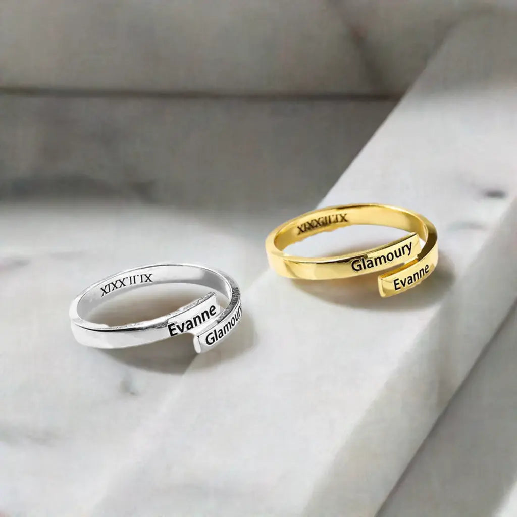 Personalized sterling silver two name ring featuring custom engraved elegant font in a premium gift box — view 4