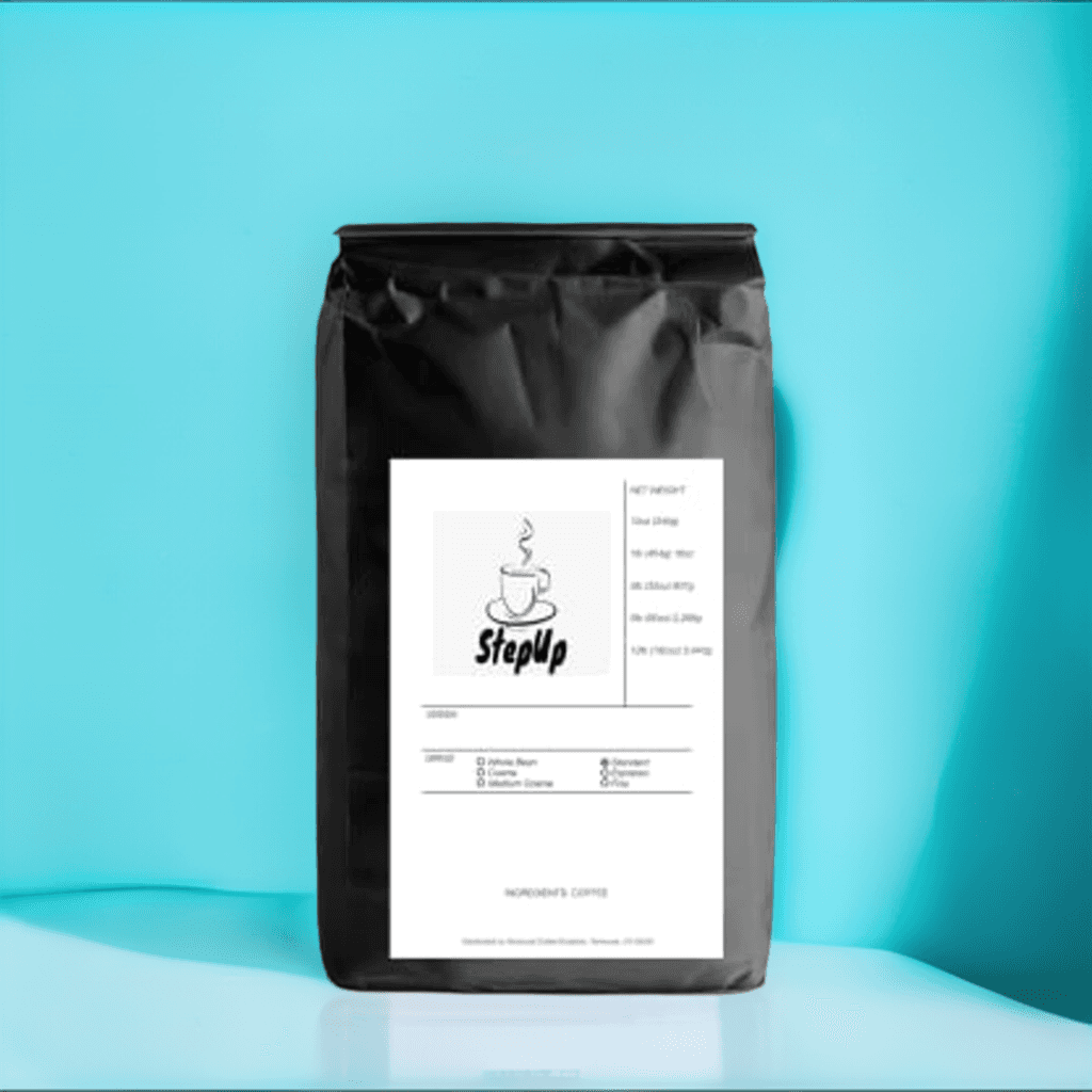 Bali Blue Organic Espresso whole bean coffee in a premium bag with roasted coffee beans.