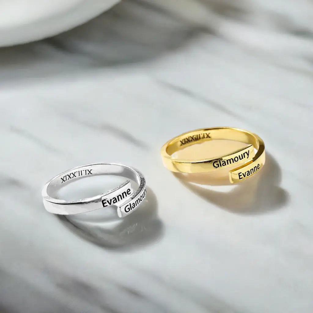 Personalized sterling silver two name ring featuring custom engraved elegant font in a premium gift box — view 3