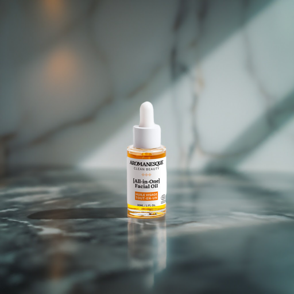 Aromanesque all-in-one facial oil in a minimalist white bottle for hydrating dry and mature skin — view 2