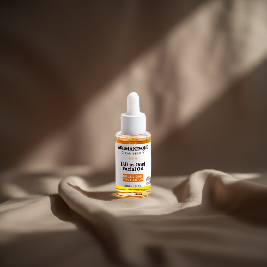 Aromanesque all-in-one facial oil in a minimalist white bottle for hydrating dry and mature skin — view 3