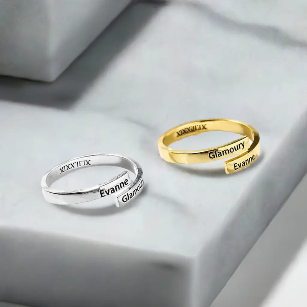 Personalized sterling silver two name ring featuring custom engraved elegant font in a premium gift box — view 5
