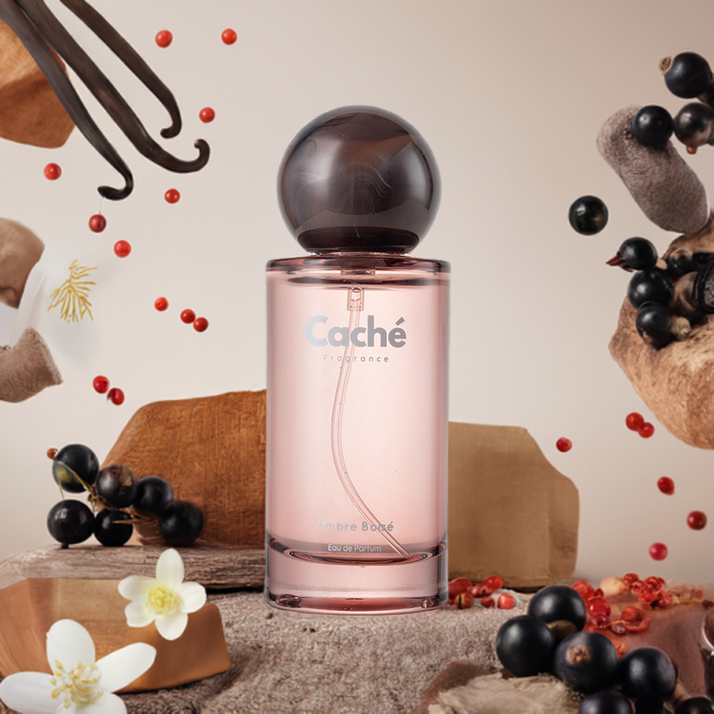 Caché Ambre Boisé eau de parfum 50ml glass bottle with elegant floral luxury design