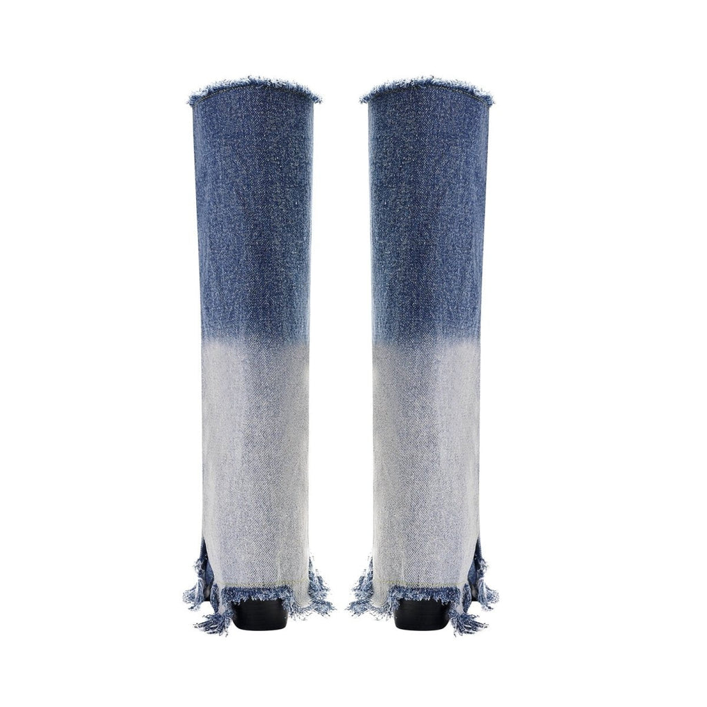 Gradient navy frayed denim knee-high boots with pointed toe, front slit, and sculpted mid-heel — view 5