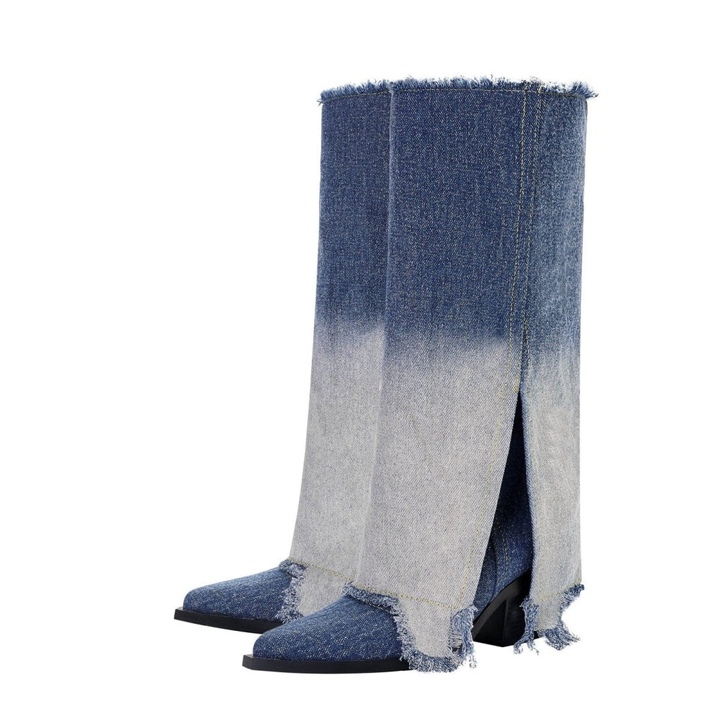 Gradient navy frayed denim knee-high boots with pointed toe, front slit, and sculpted mid-heel — view 4