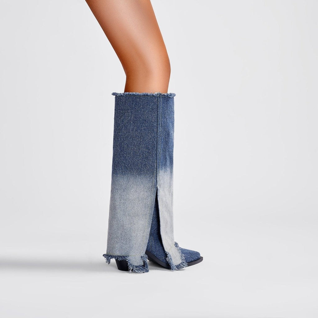Gradient navy frayed denim knee-high boots with pointed toe, front slit, and sculpted mid-heel — view 2