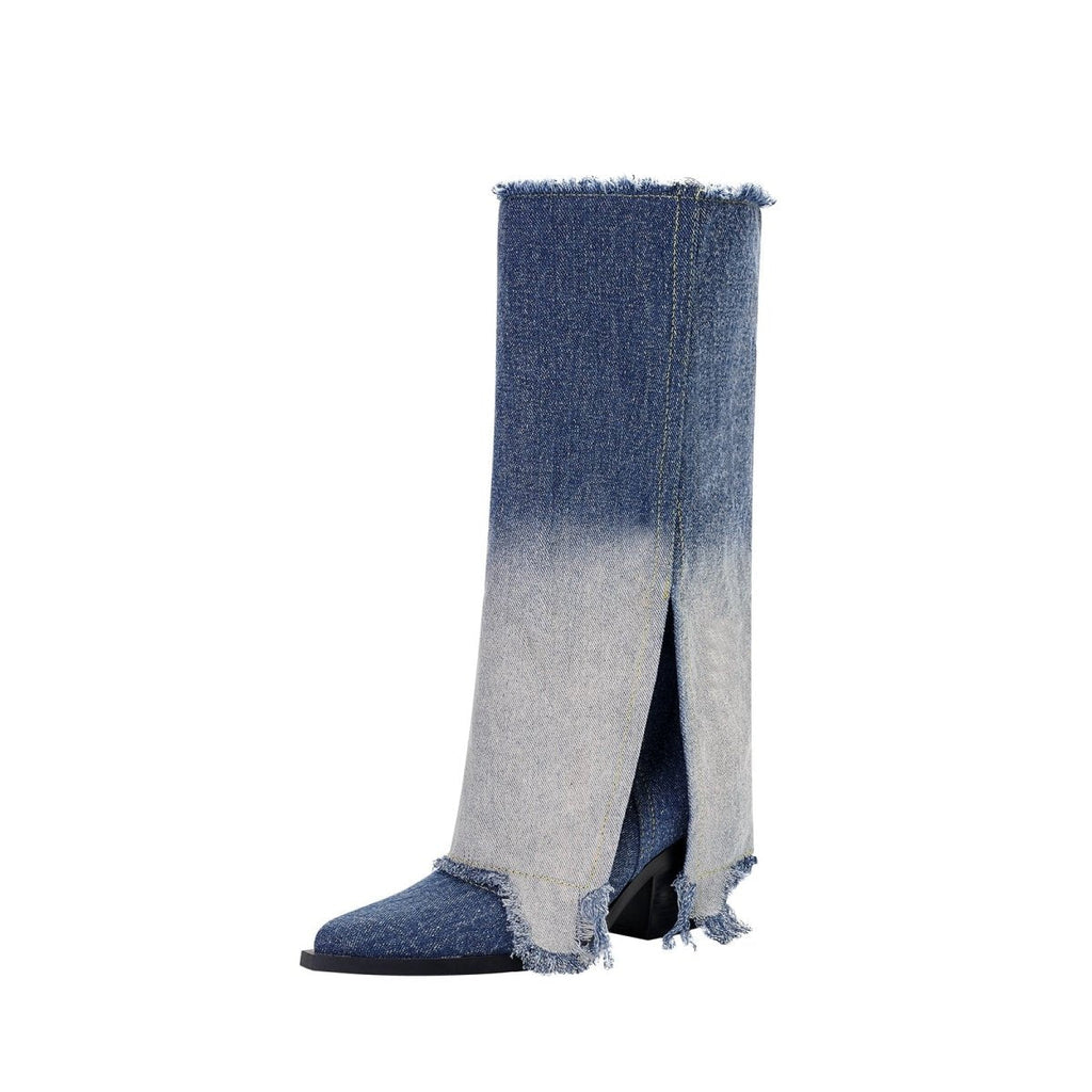 Gradient navy frayed denim knee-high boots with pointed toe, front slit, and sculpted mid-heel — view 3