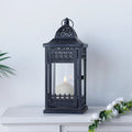 Vintage 14.5 inch black and gold distressed metal candle lantern with clear tempered glass panes