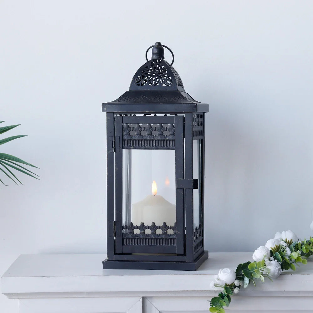Vintage 14.5 inch black and gold distressed metal candle lantern with clear tempered glass panes