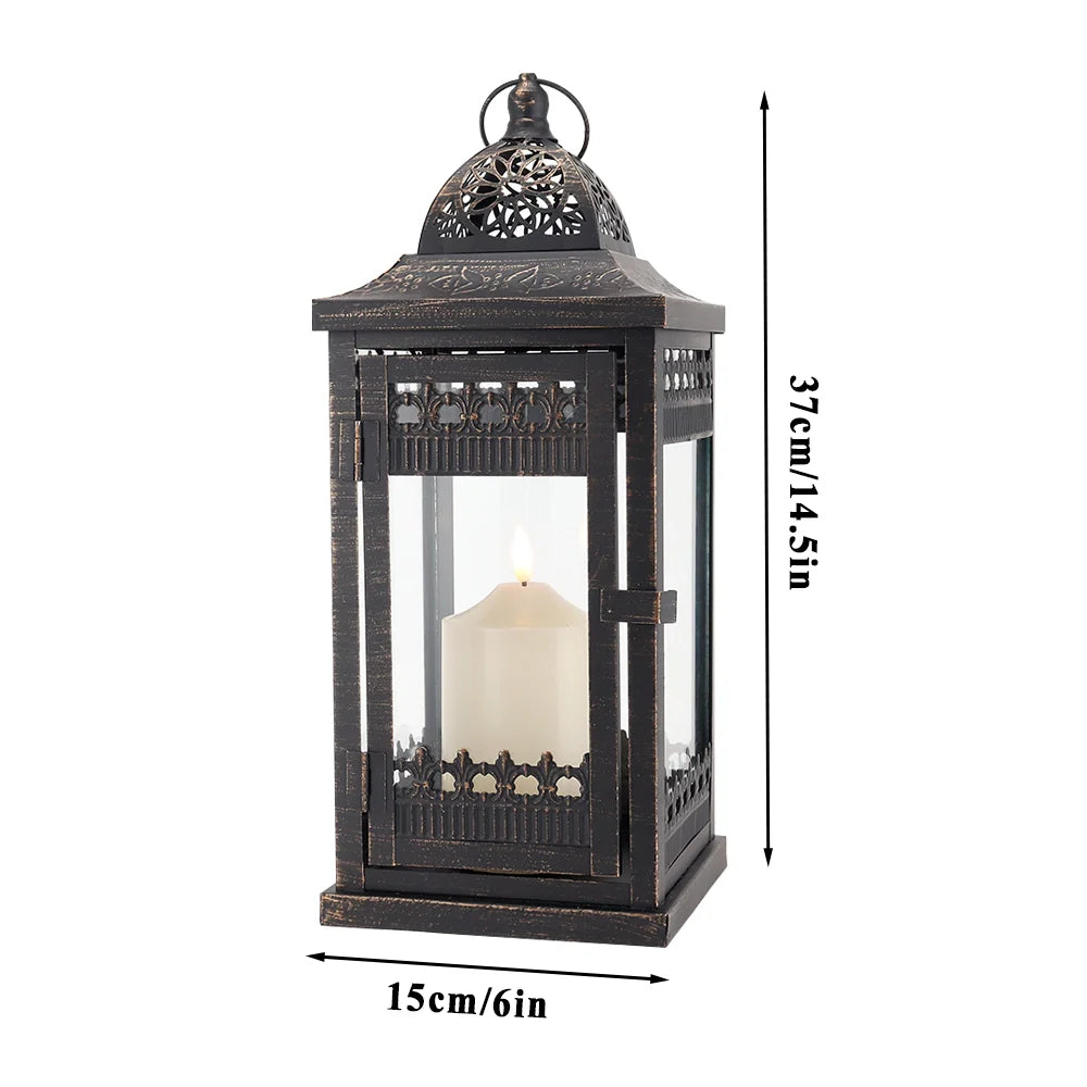 Vintage 14.5 inch black and gold distressed metal candle lantern with clear tempered glass panes — view 2
