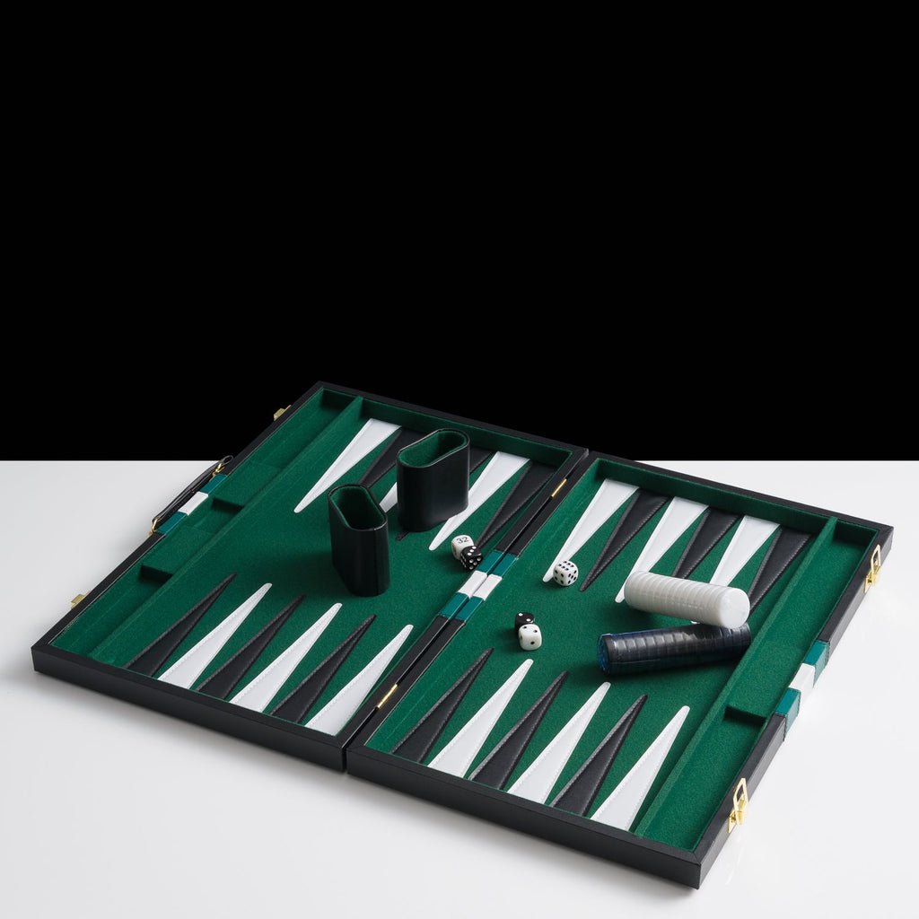 Black and green PU leather 18-inch folding backgammon set with dice checkers and cups