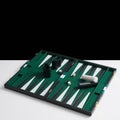 Black and green PU leather 18-inch folding backgammon set with dice checkers and cups