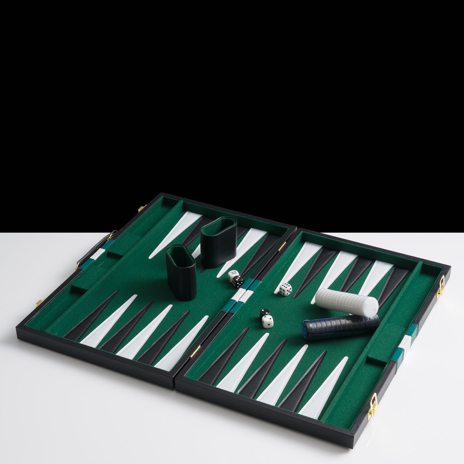 Black and green PU leather 18-inch folding backgammon set with dice checkers and cups