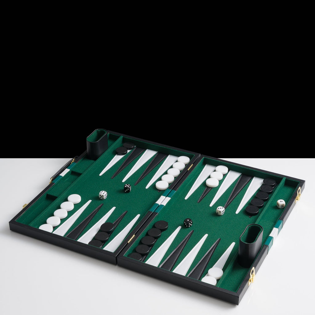 Black and green PU leather 18-inch folding backgammon set with dice checkers and cups — view 2