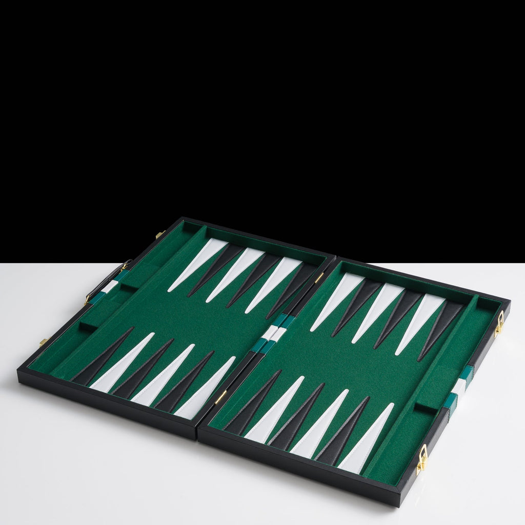Black and green PU leather 18-inch folding backgammon set with dice checkers and cups — view 3