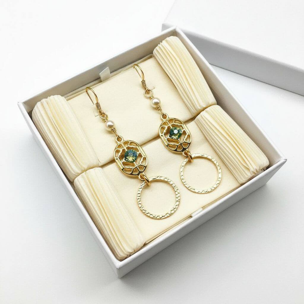 14 KT Gold Filled Green Crystal Circle Filigree Earrings-3
